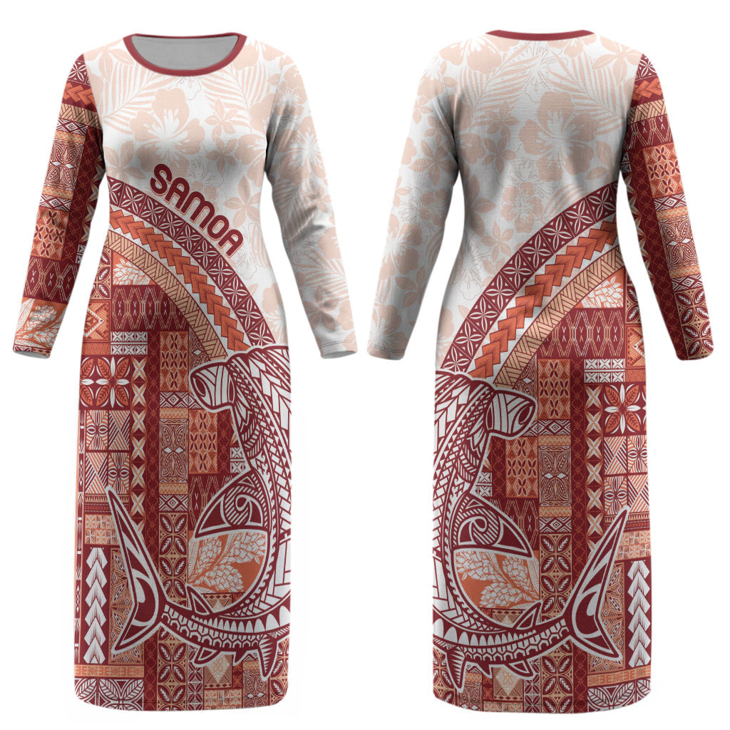 Samoa Mamanu Siapo Crimson Couples Matching Long Sleeve Bodycon Dress and Hawaiian Shirt Tatau Malie