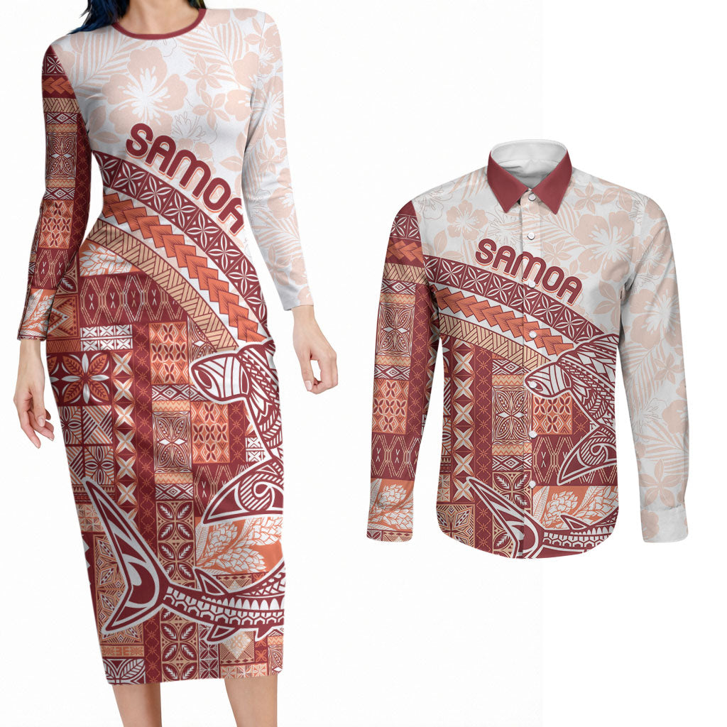 Samoa Mamanu Siapo Crimson Couples Matching Long Sleeve Bodycon Dress and Long Sleeve Button Shirt Tatau Malie
