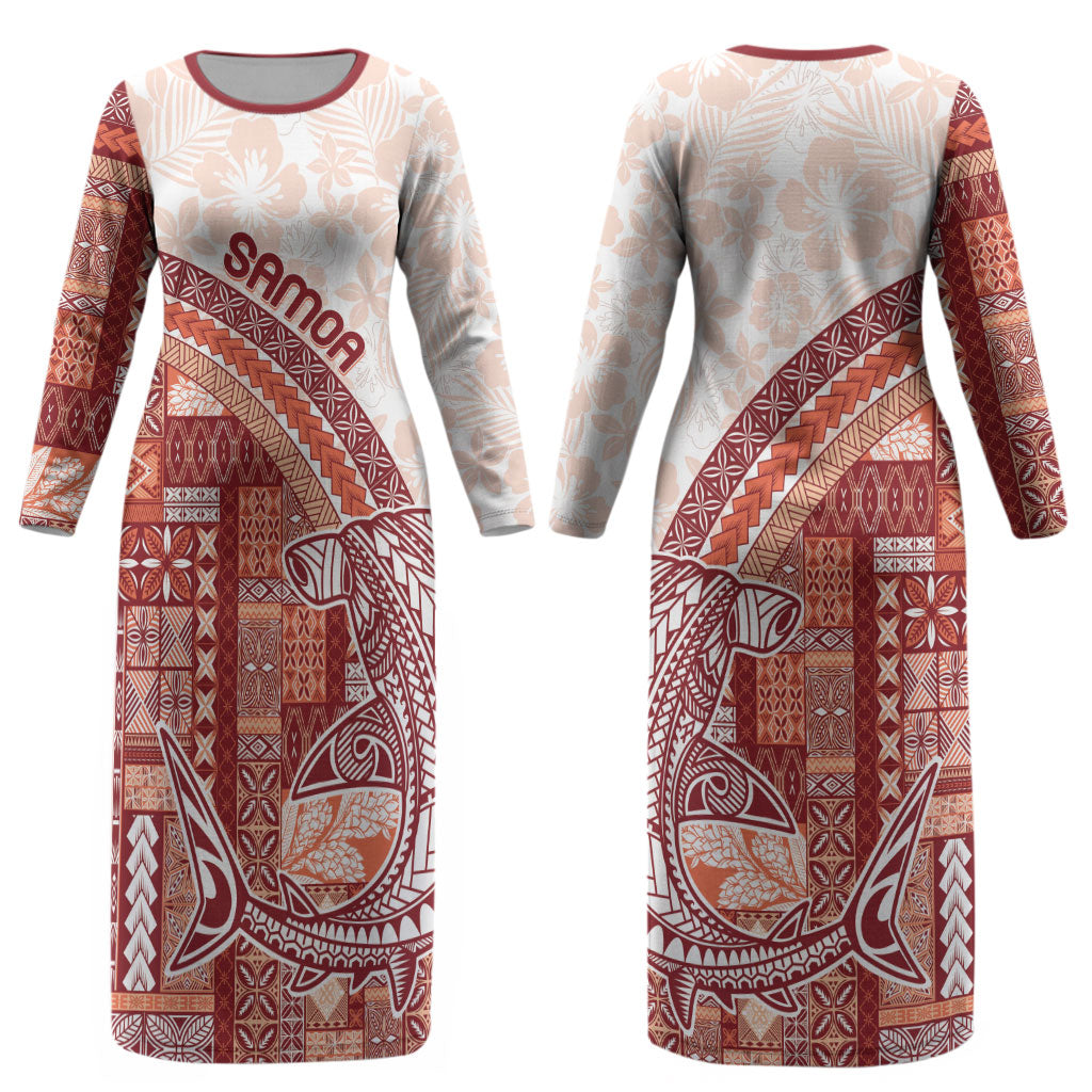 Samoa Mamanu Siapo Crimson Couples Matching Long Sleeve Bodycon Dress and Long Sleeve Button Shirt Tatau Malie