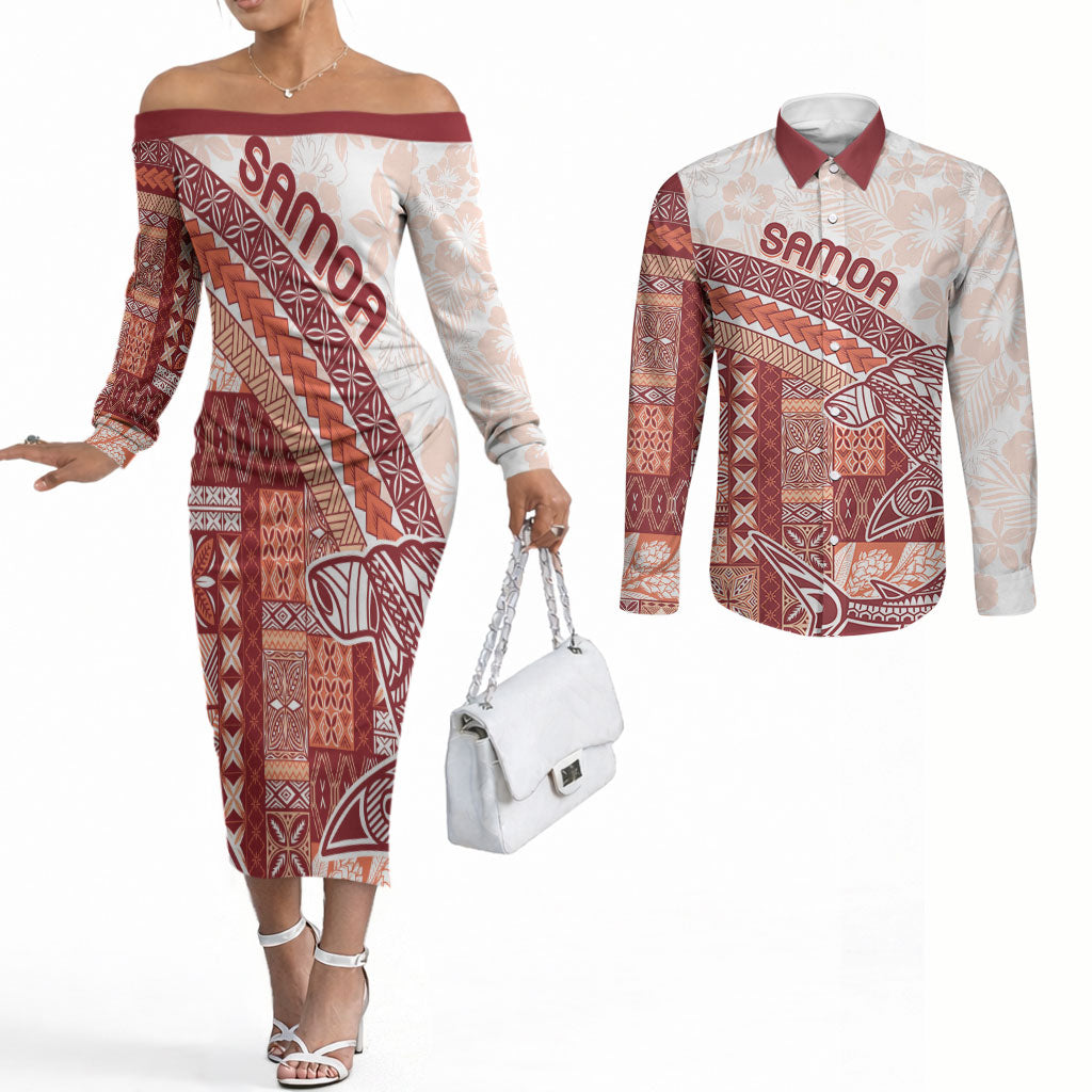 Samoa Mamanu Siapo Crimson Couples Matching Off The Shoulder Long Sleeve Dress and Long Sleeve Button Shirt Tatau Malie