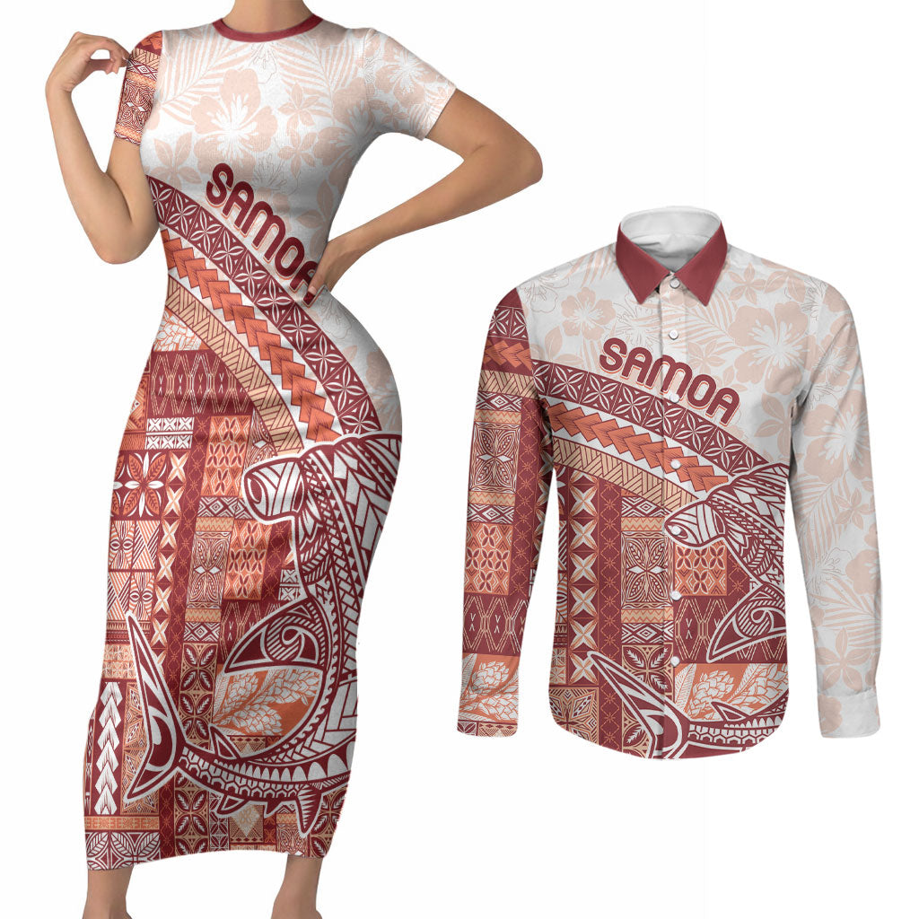 Samoa Mamanu Siapo Crimson Couples Matching Short Sleeve Bodycon Dress and Long Sleeve Button Shirt Tatau Malie