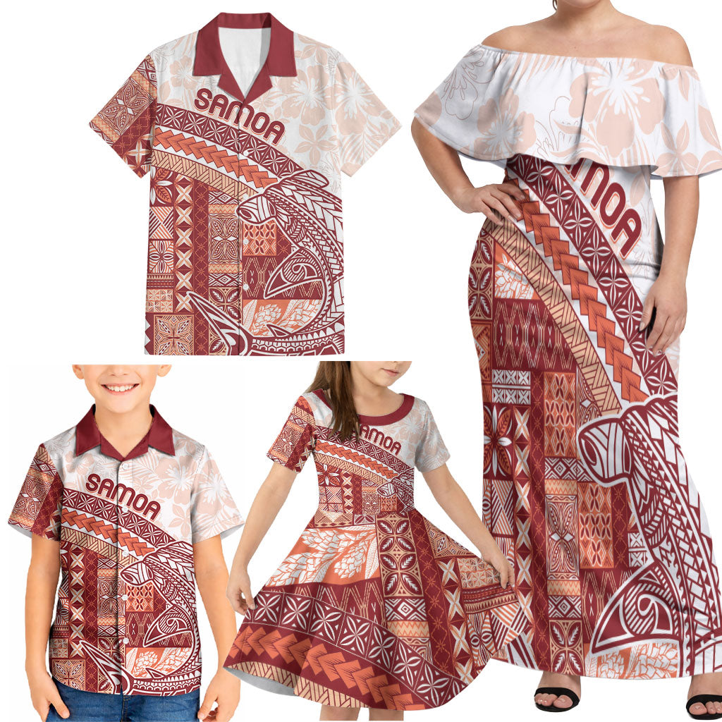 Samoa Mamanu Siapo Crimson Family Matching Off Shoulder Maxi Dress and Hawaiian Shirt Tatau Malie