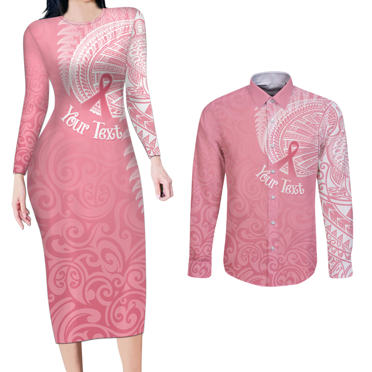 Personalised New Zealand Couples Matching Long Sleeve Bodycon Dress and Long Sleeve Button Shirts Pink Ribbon Tattoo Mix Silver Fern LT7 Pink - Polynesian Pride