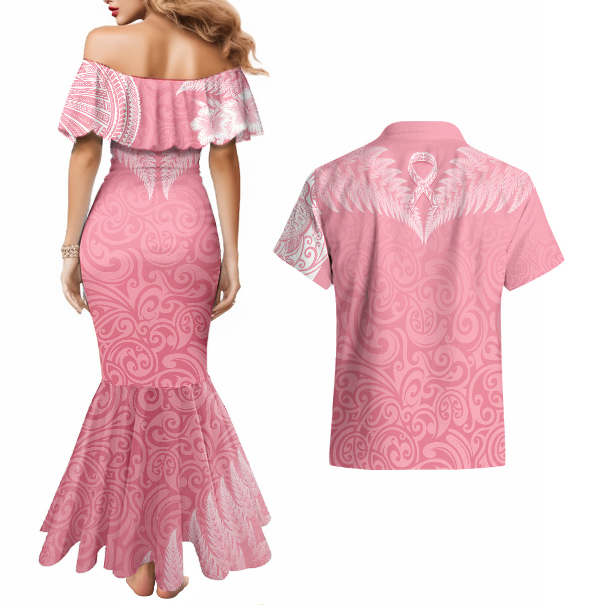 personalised-new-zealand-couples-matching-mermaid-dress-and-hawaiian-shirt-pink-ribbon-tattoo-mix-silver-fern