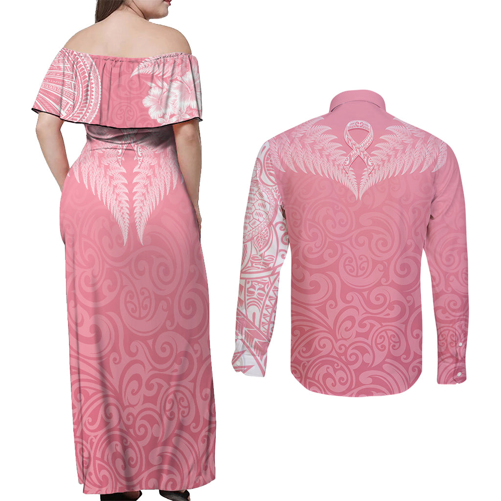 Personalised New Zealand Couples Matching Off Shoulder Maxi Dress and Long Sleeve Button Shirts Pink Ribbon Tattoo Mix Silver Fern LT7 - Polynesian Pride