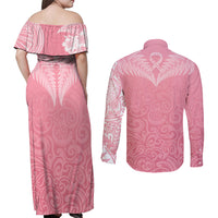Personalised New Zealand Couples Matching Off Shoulder Maxi Dress and Long Sleeve Button Shirts Pink Ribbon Tattoo Mix Silver Fern LT7 - Polynesian Pride