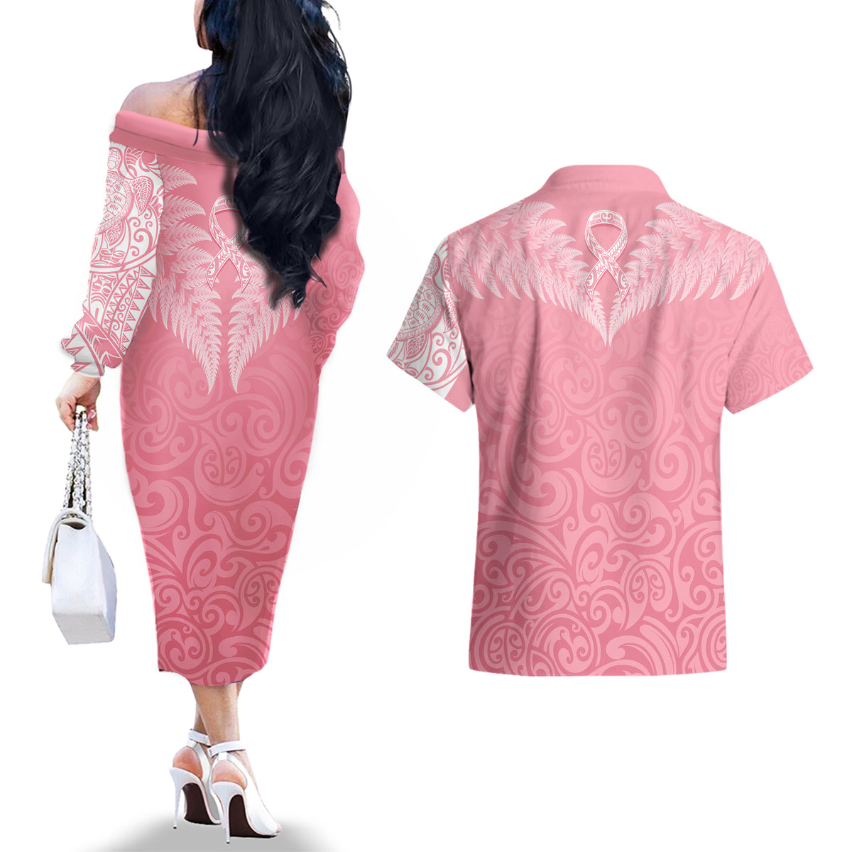 personalised-new-zealand-couples-matching-off-the-shoulder-long-sleeve-dress-and-hawaiian-shirt-pink-ribbon-tattoo-mix-silver-fern