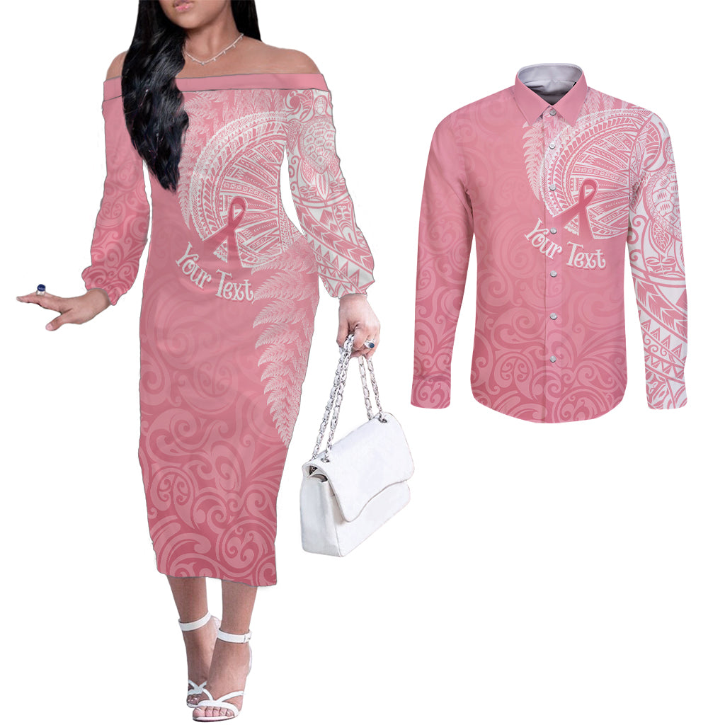 Personalised New Zealand Couples Matching Off The Shoulder Long Sleeve Dress and Long Sleeve Button Shirts Pink Ribbon Tattoo Mix Silver Fern LT7 Pink - Polynesian Pride