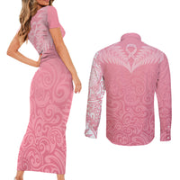 Personalised New Zealand Couples Matching Short Sleeve Bodycon Dress and Long Sleeve Button Shirts Pink Ribbon Tattoo Mix Silver Fern LT7 - Polynesian Pride