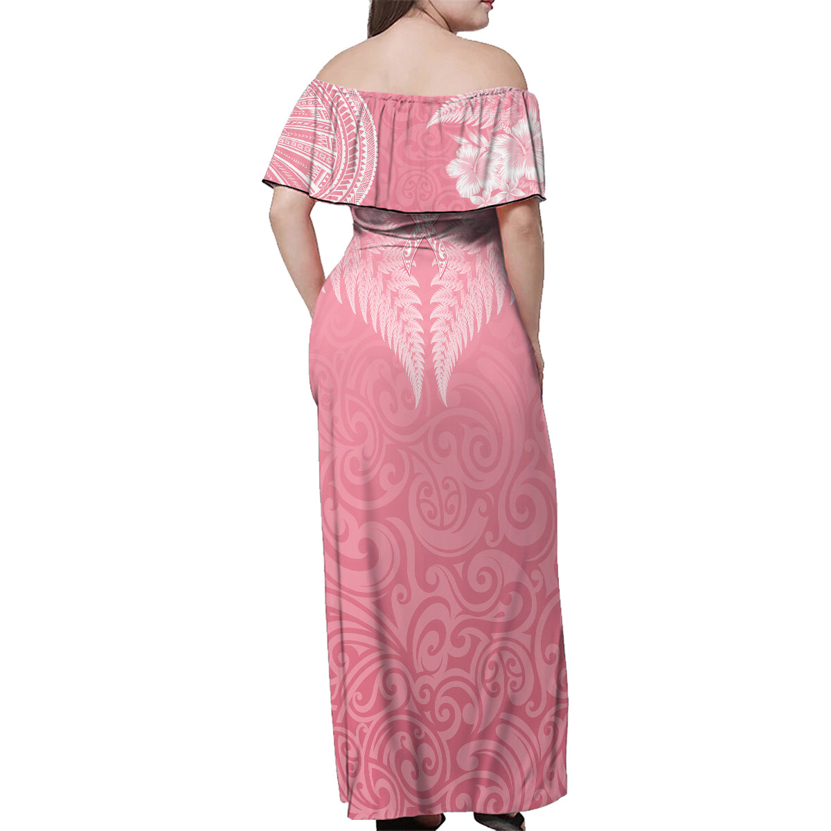 personalised-new-zealand-family-matching-off-shoulder-maxi-dress-and-hawaiian-shirt-pink-ribbon-tattoo-mix-silver-fern