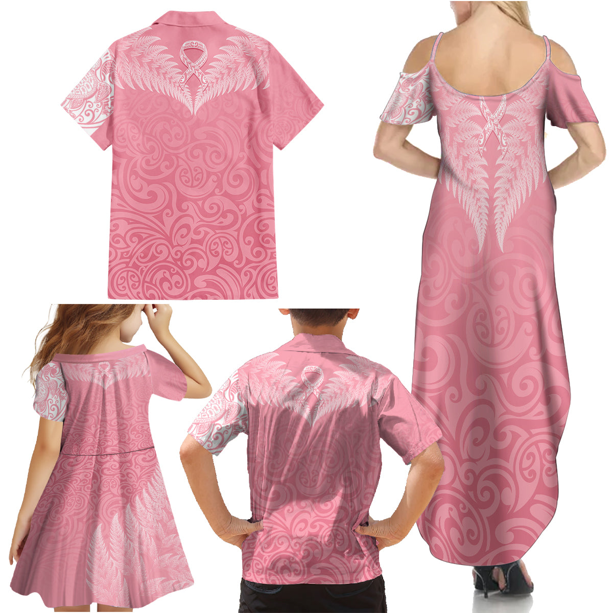 personalised-new-zealand-family-matching-summer-maxi-dress-and-hawaiian-shirt-pink-ribbon-tattoo-mix-silver-fern