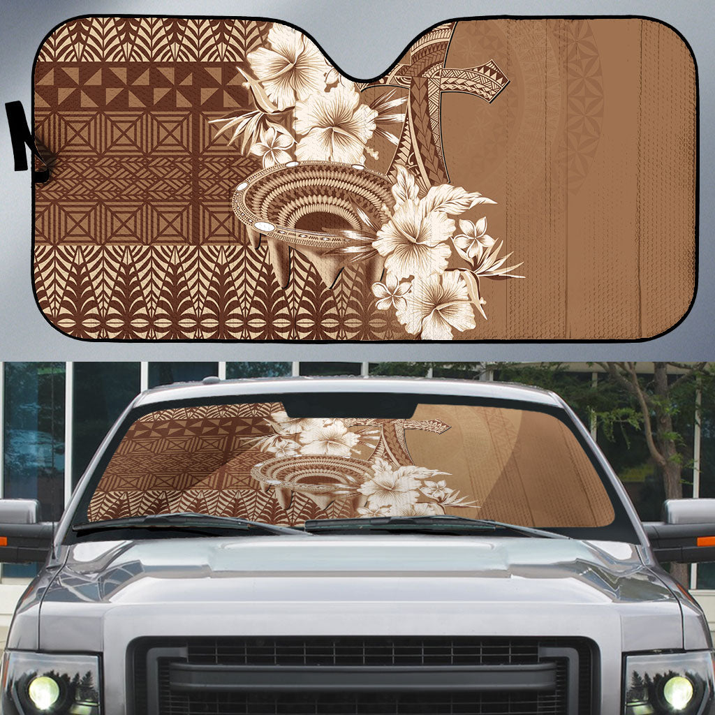 Tonga Ngatu Kupesi Brown Tapa Auto Sun Shade Koe Otua Mo Tonga Ko Hoku Tofia LT7 Mocha - Polynesian Pride