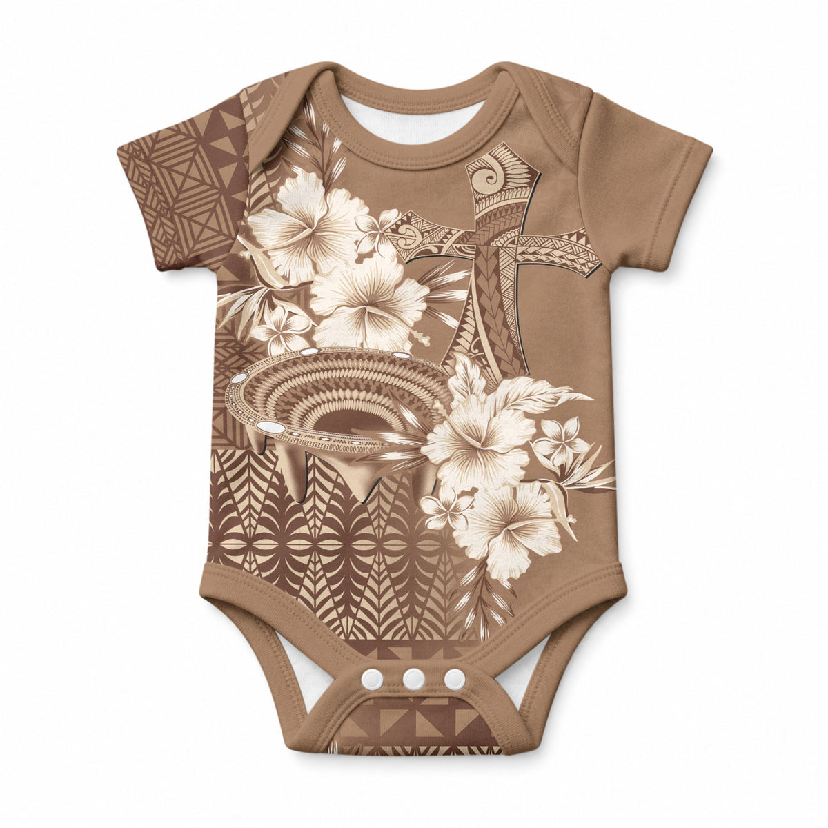 Tonga Ngatu Kupesi Brown Tapa Baby Onesie Koe Otua Mo Tonga Ko Hoku Tofia LT7 Mocha - Polynesian Pride