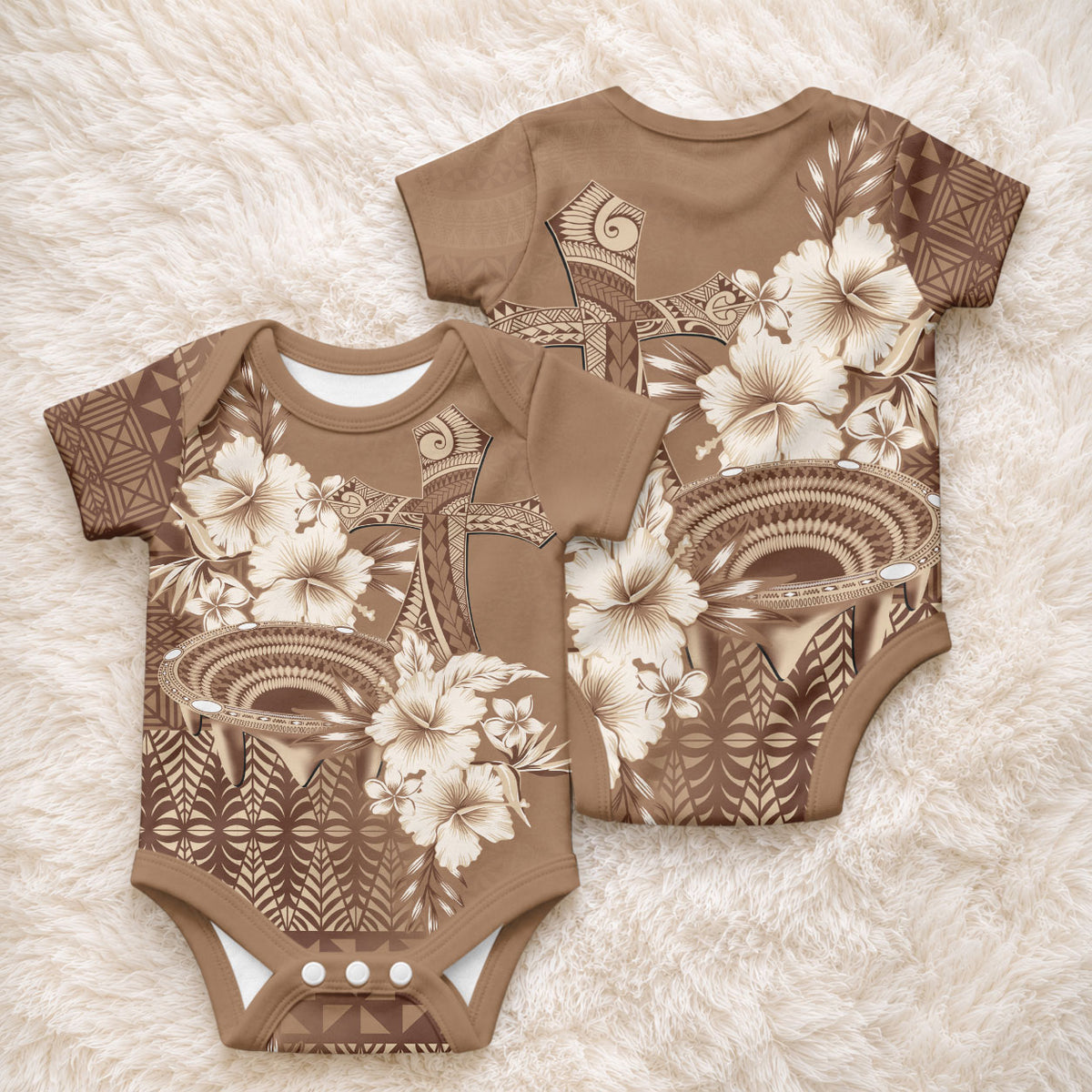 Tonga Ngatu Kupesi Brown Tapa Baby Onesie Koe Otua Mo Tonga Ko Hoku Tofia LT7 - Polynesian Pride