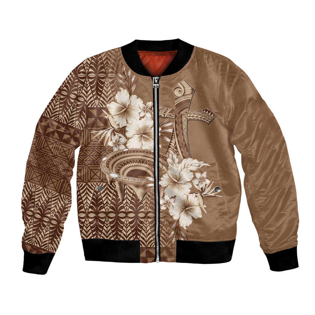 Tonga Ngatu Kupesi Brown Tapa Bomber Jacket Koe Otua Mo Tonga Ko Hoku Tofia LT7 Unisex Mocha - Polynesian Pride