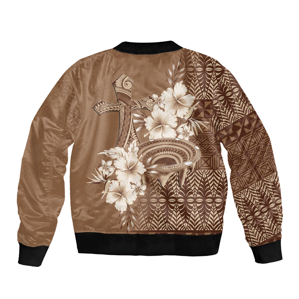Tonga Ngatu Kupesi Brown Tapa Bomber Jacket Koe Otua Mo Tonga Ko Hoku Tofia LT7 - Polynesian Pride
