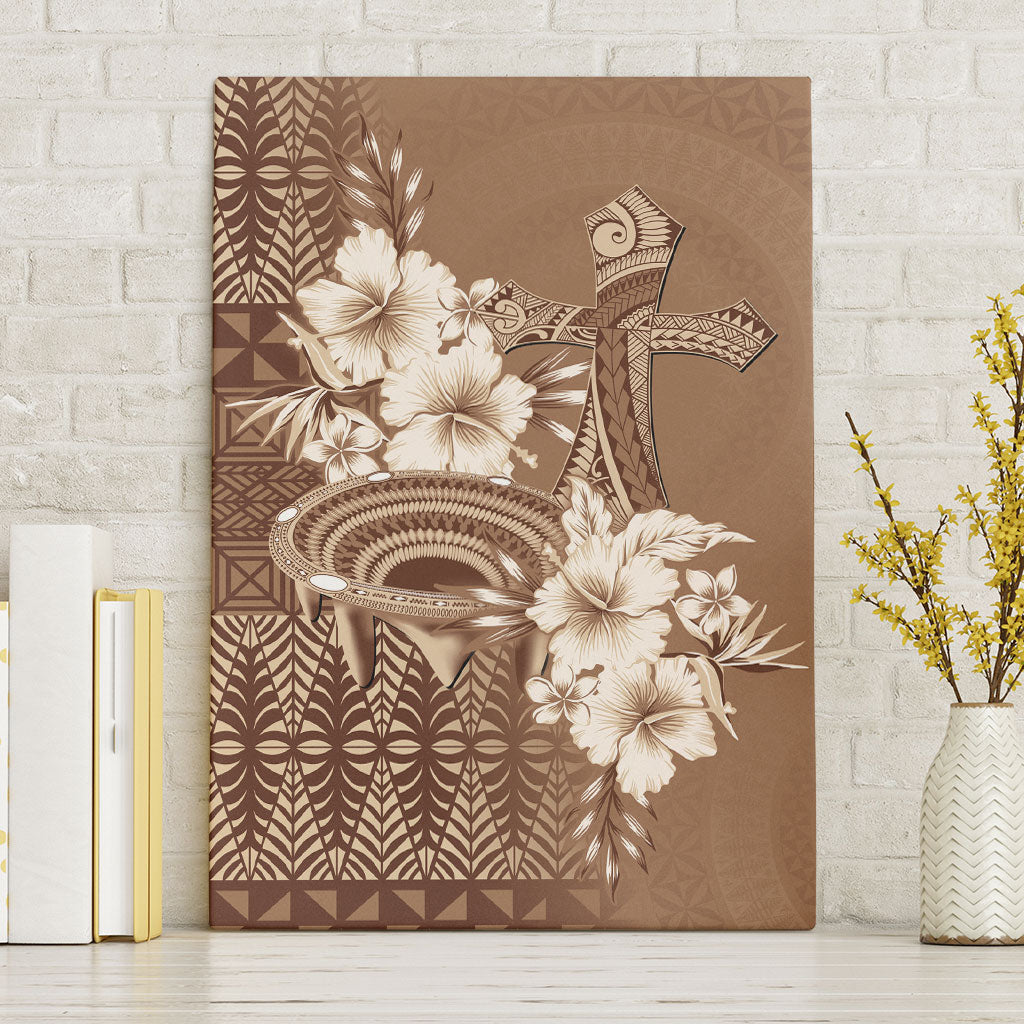 Tonga Ngatu Kupesi Brown Tapa Canvas Wall Art Koe Otua Mo Tonga Ko Hoku Tofia LT7 Without Frame Mocha - Polynesian Pride