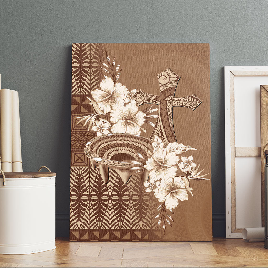 Tonga Ngatu Kupesi Brown Tapa Canvas Wall Art Koe Otua Mo Tonga Ko Hoku Tofia LT7 - Polynesian Pride
