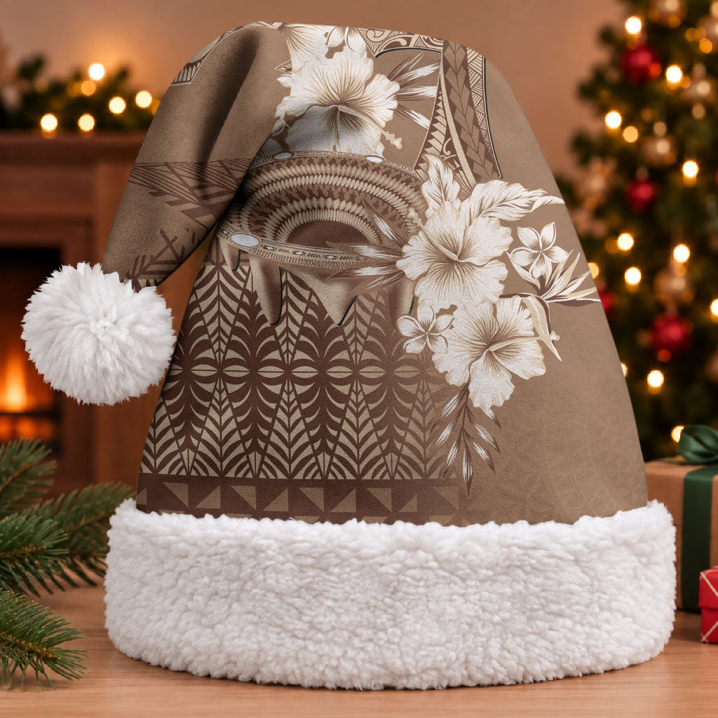 Tonga Ngatu Kupesi Brown Tapa Christmas Santa Hat Koe Otua Mo Tonga Ko Hoku Tofia LT7 With Fur Mocha - Polynesian Pride