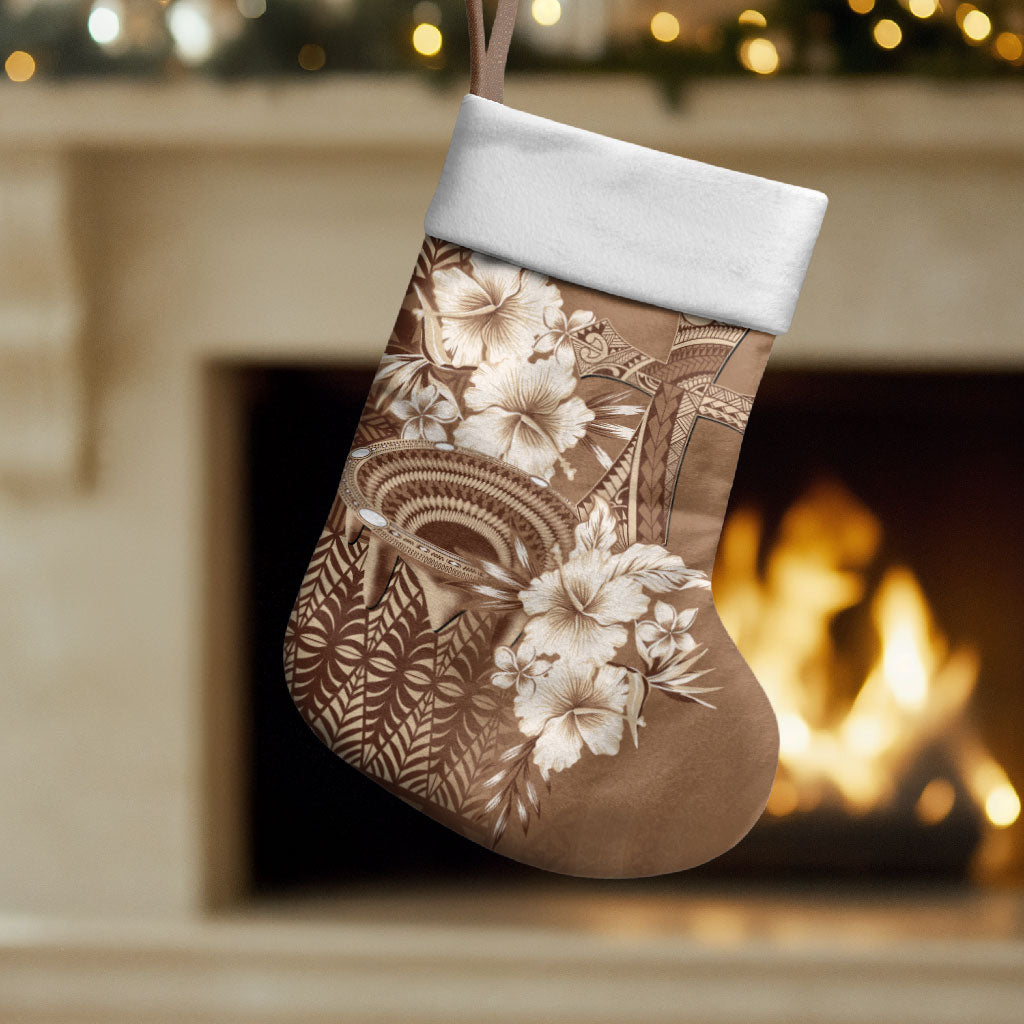Tonga Ngatu Kupesi Brown Tapa Christmas Stocking Koe Otua Mo Tonga Ko Hoku Tofia
