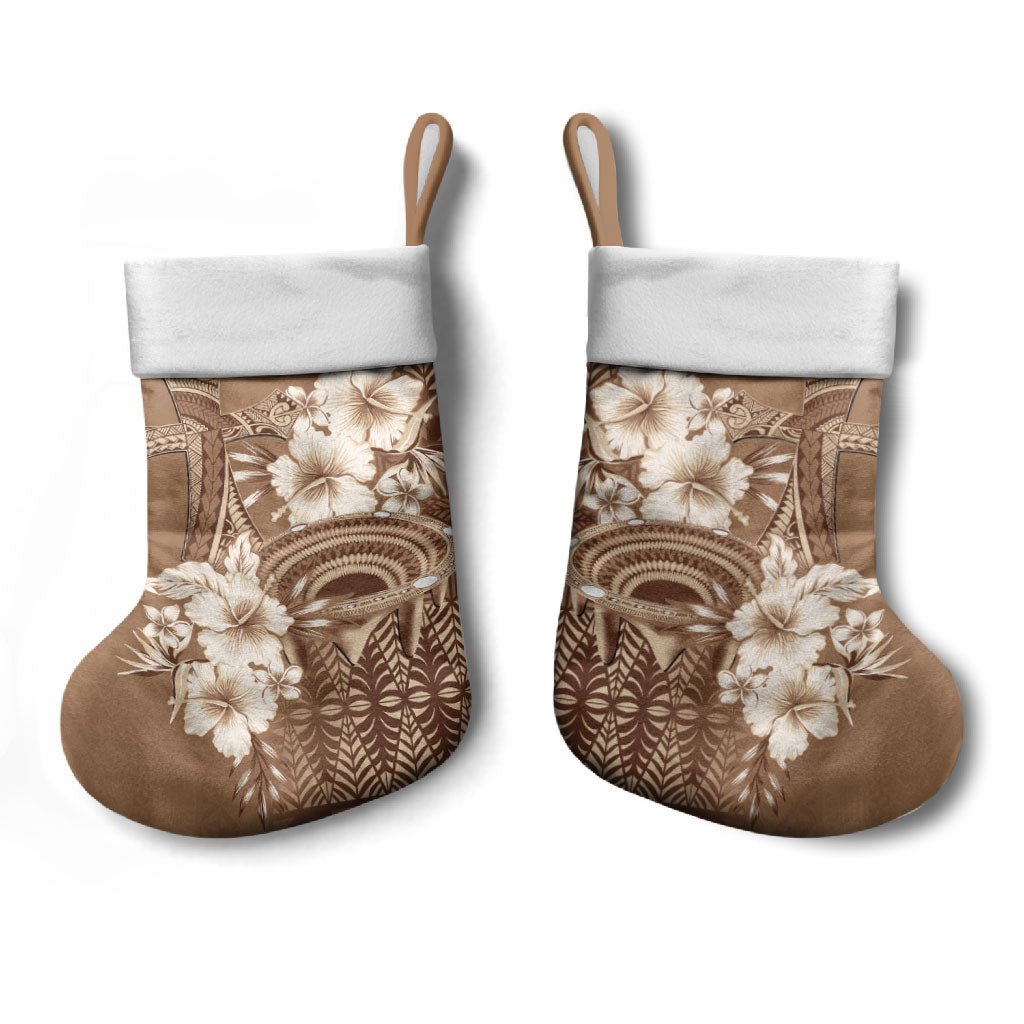 Tonga Ngatu Kupesi Brown Tapa Christmas Stocking Koe Otua Mo Tonga Ko Hoku Tofia