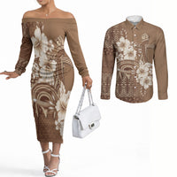 Tonga Ngatu Kupesi Brown Tapa Couples Matching Off The Shoulder Long Sleeve Dress and Long Sleeve Button Shirt Koe Otua Mo Tonga Ko Hoku Tofia LT7 Mocha - Polynesian Pride