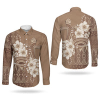Tonga Ngatu Kupesi Brown Tapa Couples Matching Off The Shoulder Long Sleeve Dress and Long Sleeve Button Shirt Koe Otua Mo Tonga Ko Hoku Tofia LT7 - Polynesian Pride