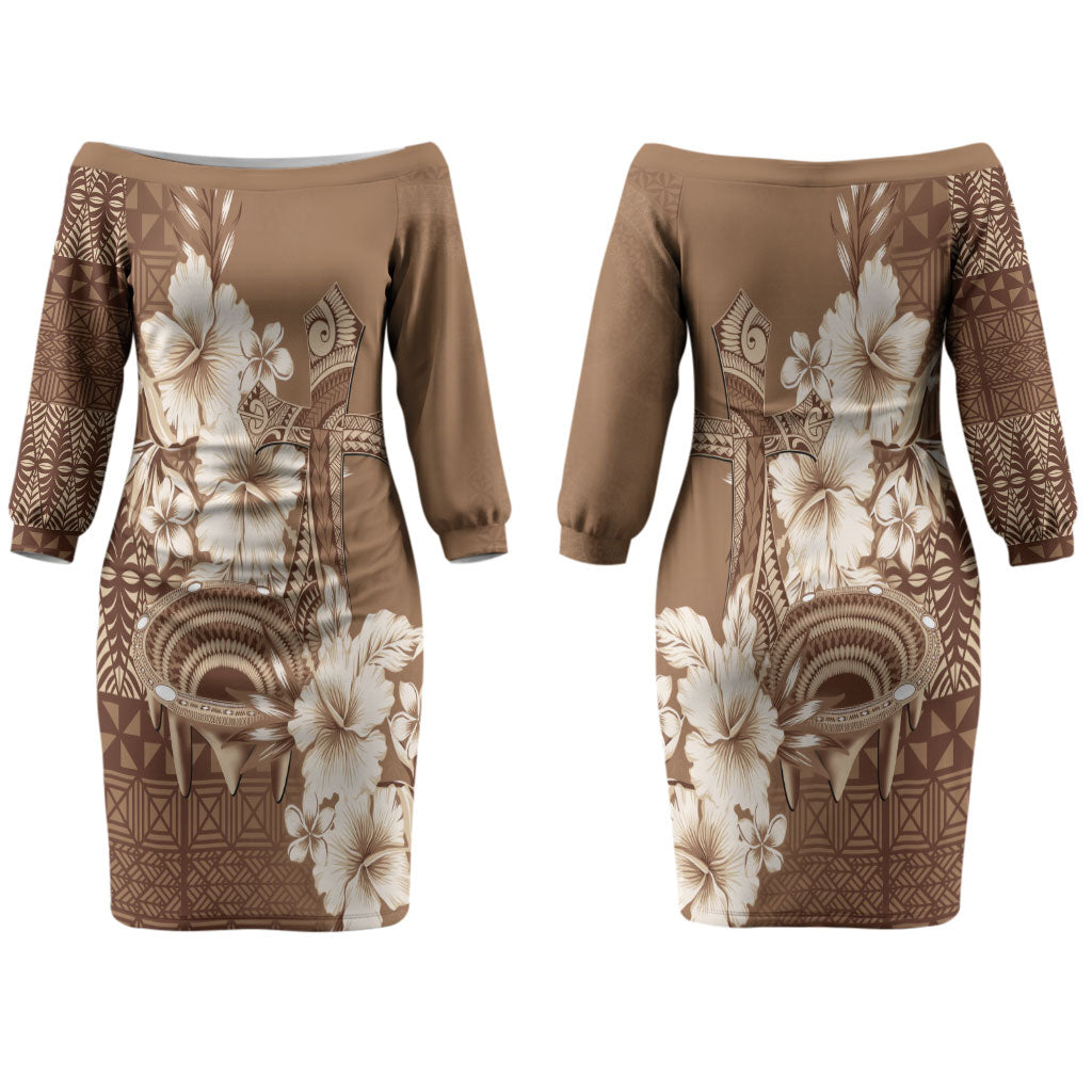Tonga Ngatu Kupesi Brown Tapa Couples Matching Off The Shoulder Long Sleeve Dress and Long Sleeve Button Shirt Koe Otua Mo Tonga Ko Hoku Tofia LT7 - Polynesian Pride
