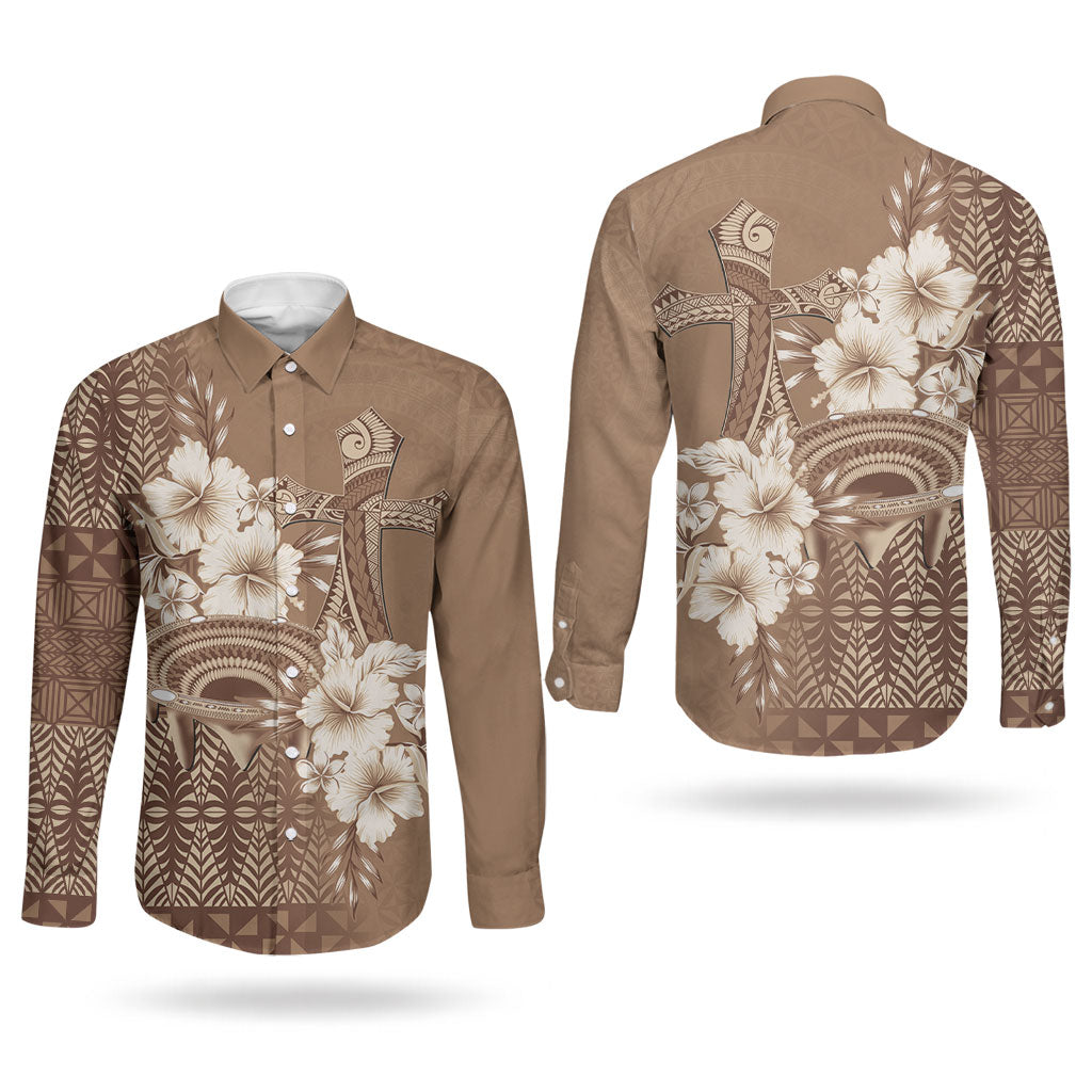 Tonga Ngatu Kupesi Brown Tapa Couples Matching Puletasi and Long Sleeve Button Shirt Koe Otua Mo Tonga Ko Hoku Tofia LT7 - Polynesian Pride