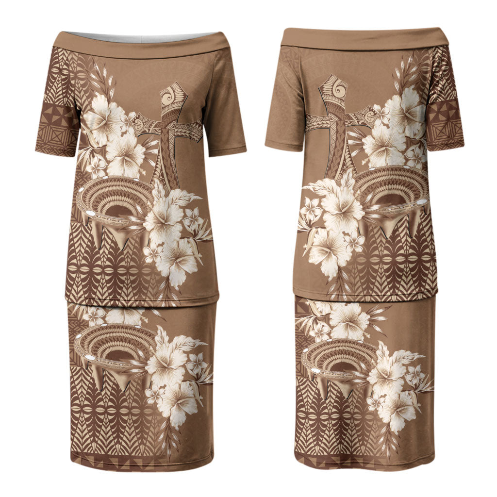 Tonga Ngatu Kupesi Brown Tapa Couples Matching Puletasi and Long Sleeve Button Shirt Koe Otua Mo Tonga Ko Hoku Tofia LT7 - Polynesian Pride