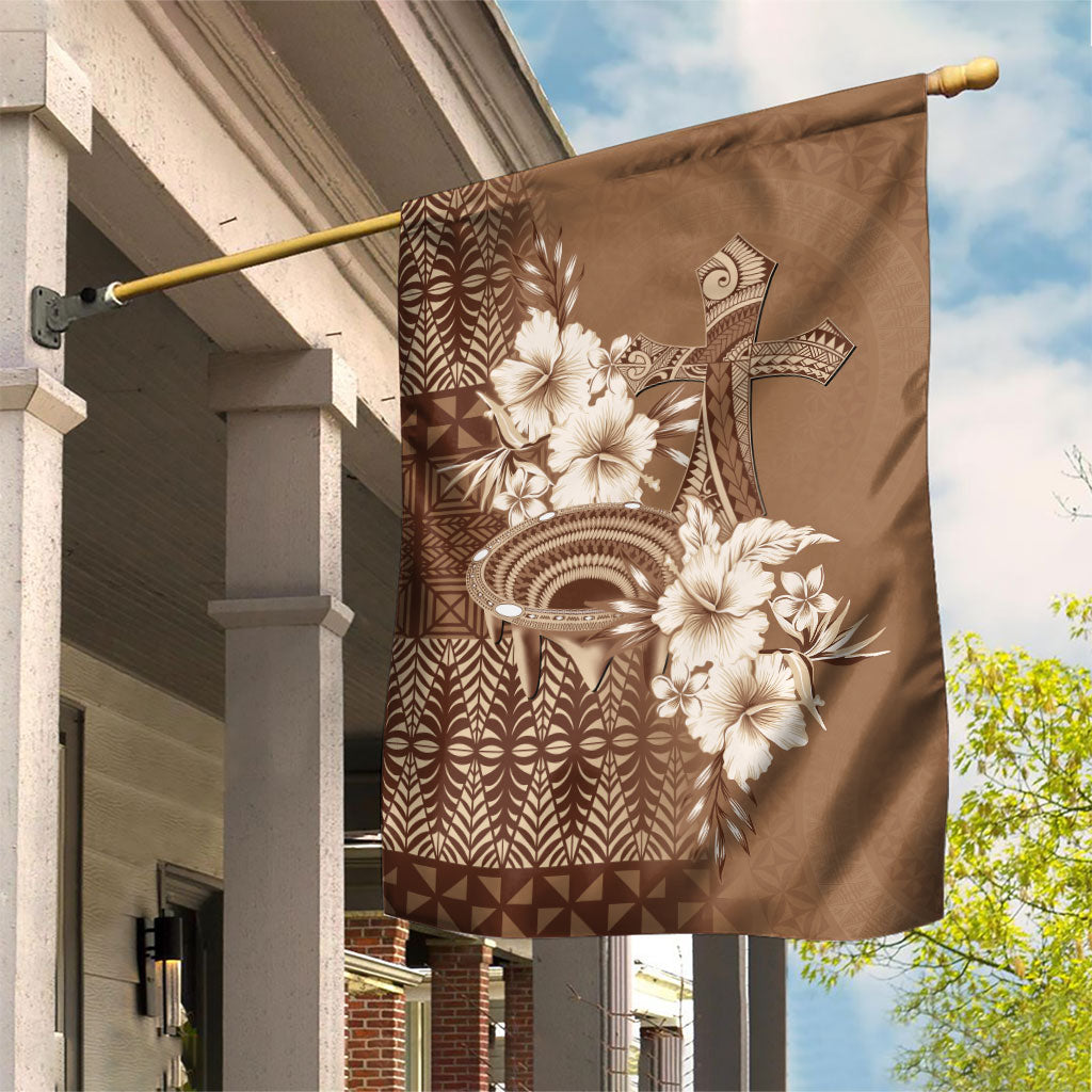 Tonga Ngatu Kupesi Brown Tapa Garden Flag Koe Otua Mo Tonga Ko Hoku Tofia