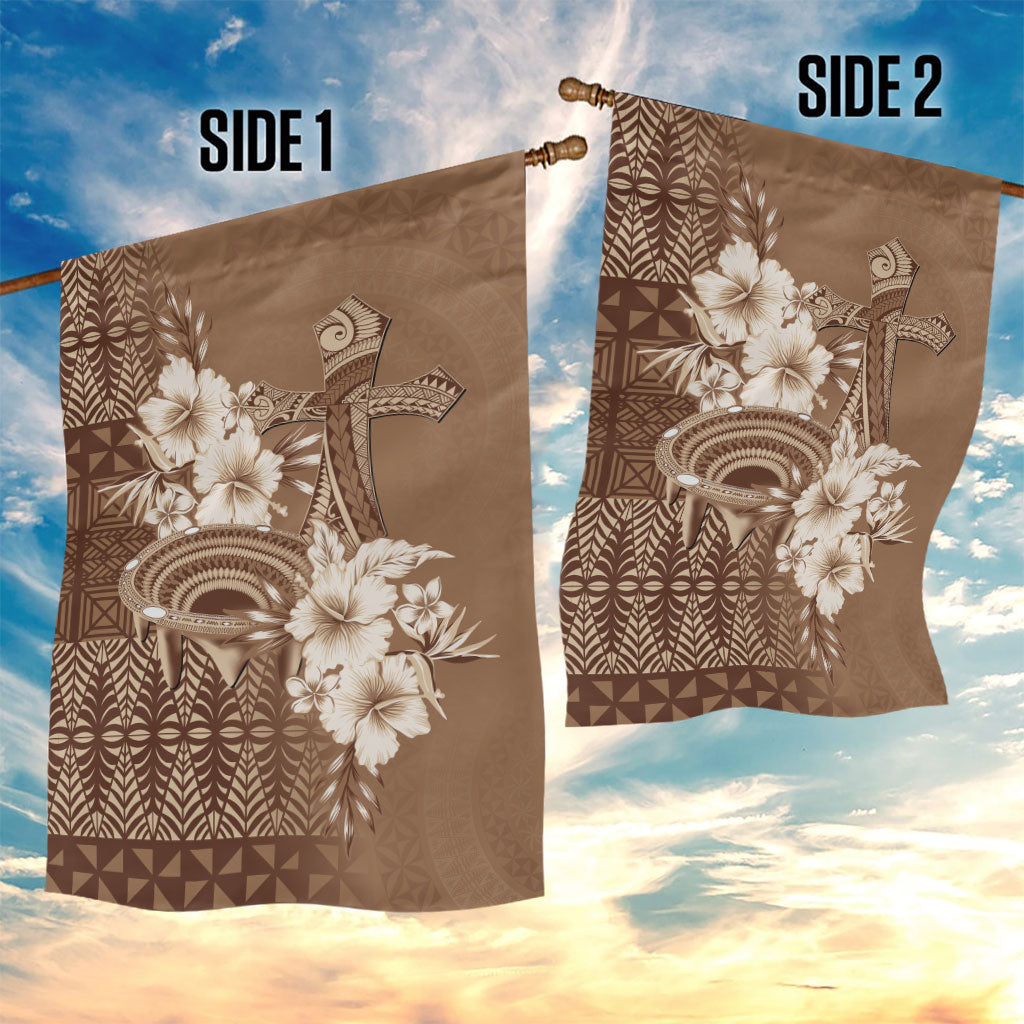 Tonga Ngatu Kupesi Brown Tapa Garden Flag Koe Otua Mo Tonga Ko Hoku Tofia LT7 - Polynesian Pride