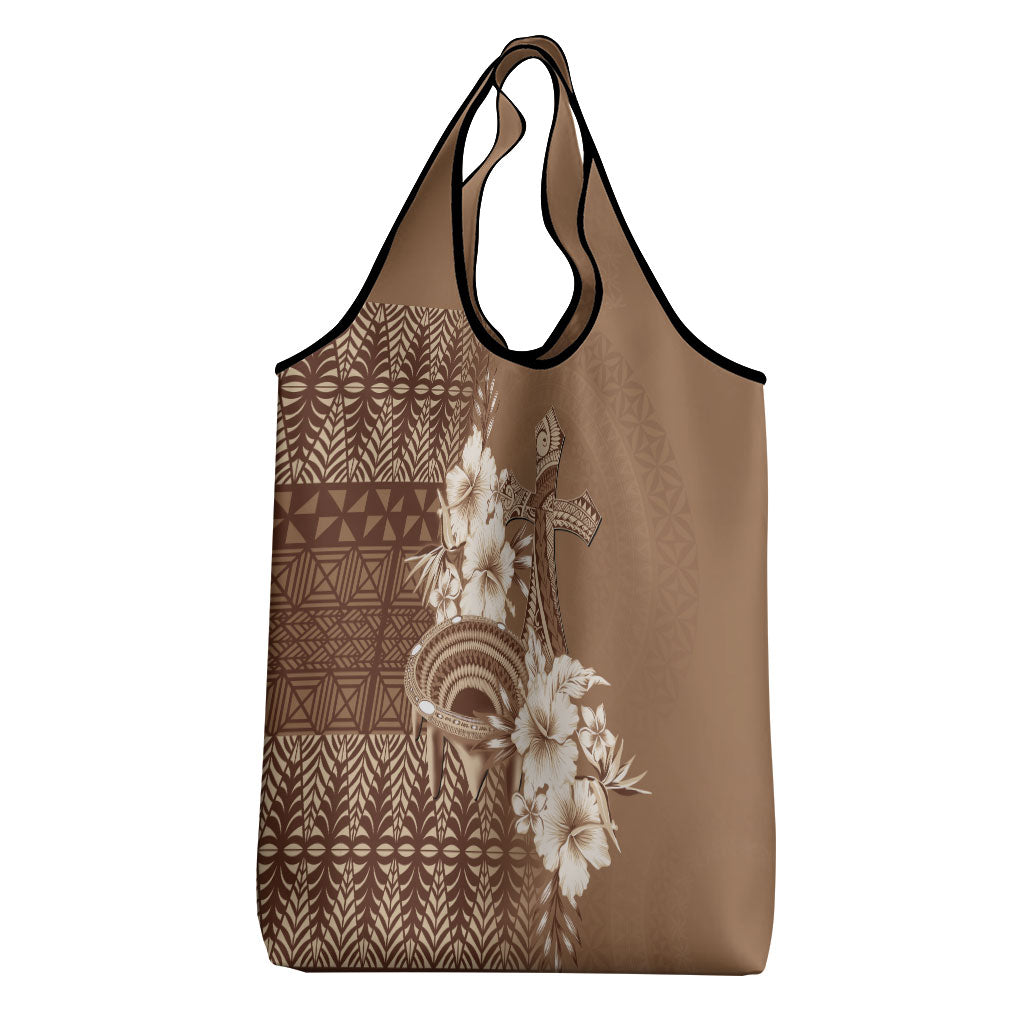 Tonga Ngatu Kupesi Brown Tapa Grocery Bag Koe Otua Mo Tonga Ko Hoku Tofia LT7 - Polynesian Pride
