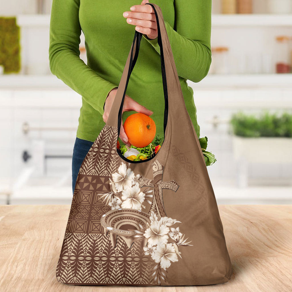 Tonga Ngatu Kupesi Brown Tapa Grocery Bag Koe Otua Mo Tonga Ko Hoku Tofia LT7 - Polynesian Pride
