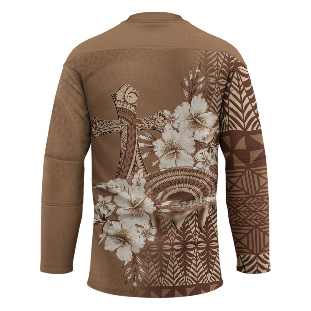 Tonga Ngatu Kupesi Brown Tapa Hockey Jersey Koe Otua Mo Tonga Ko Hoku Tofia LT7 - Polynesian Pride