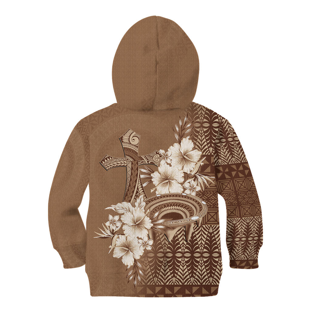 Tonga Ngatu Kupesi Brown Tapa Kid Hoodie Koe Otua Mo Tonga Ko Hoku Tofia LT7 - Polynesian Pride