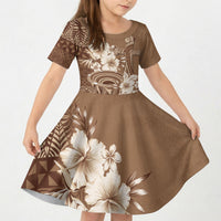 Tonga Ngatu Kupesi Brown Tapa Kid Short Sleeve Dress Koe Otua Mo Tonga Ko Hoku Tofia LT7 KID Mocha - Polynesian Pride