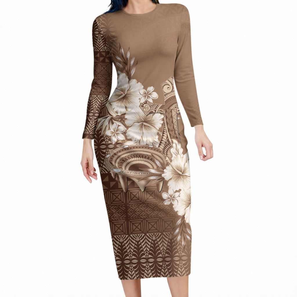 Tonga Ngatu Kupesi Brown Tapa Long Sleeve Bodycon Dress Koe Otua Mo Tonga Ko Hoku Tofia LT7 Long Dress Mocha - Polynesian Pride