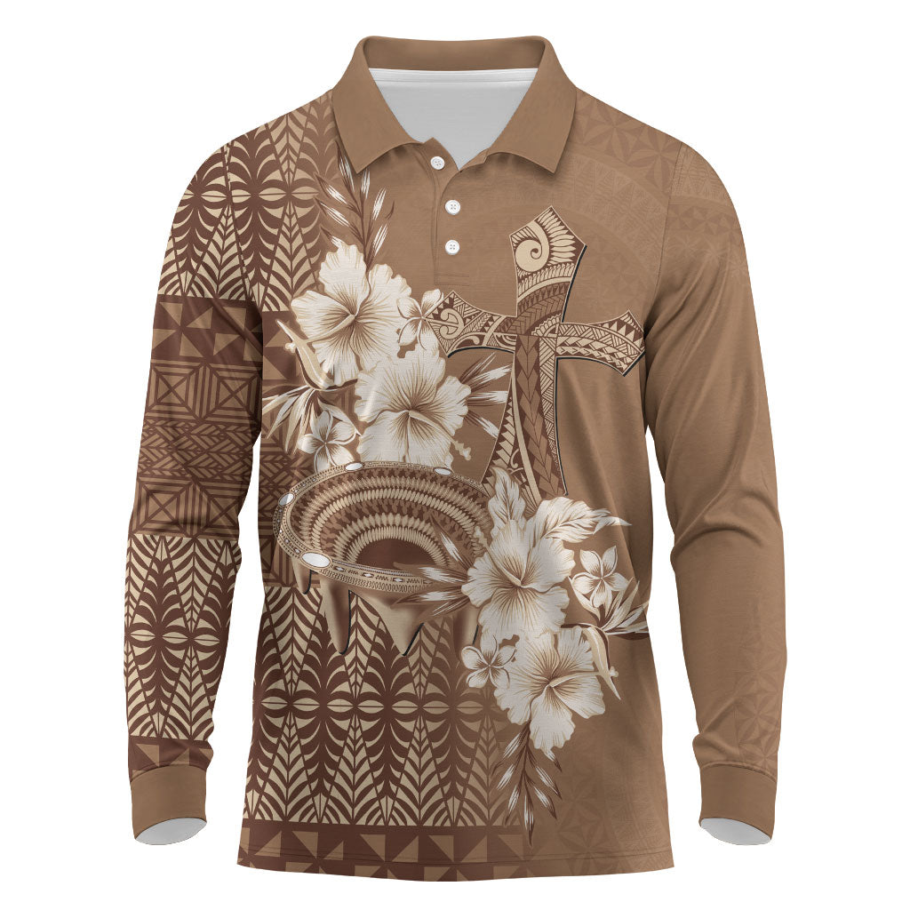 Tonga Ngatu Kupesi Brown Tapa Long Sleeve Polo Shirt Koe Otua Mo Tonga Ko Hoku Tofia LT7 Mocha - Polynesian Pride