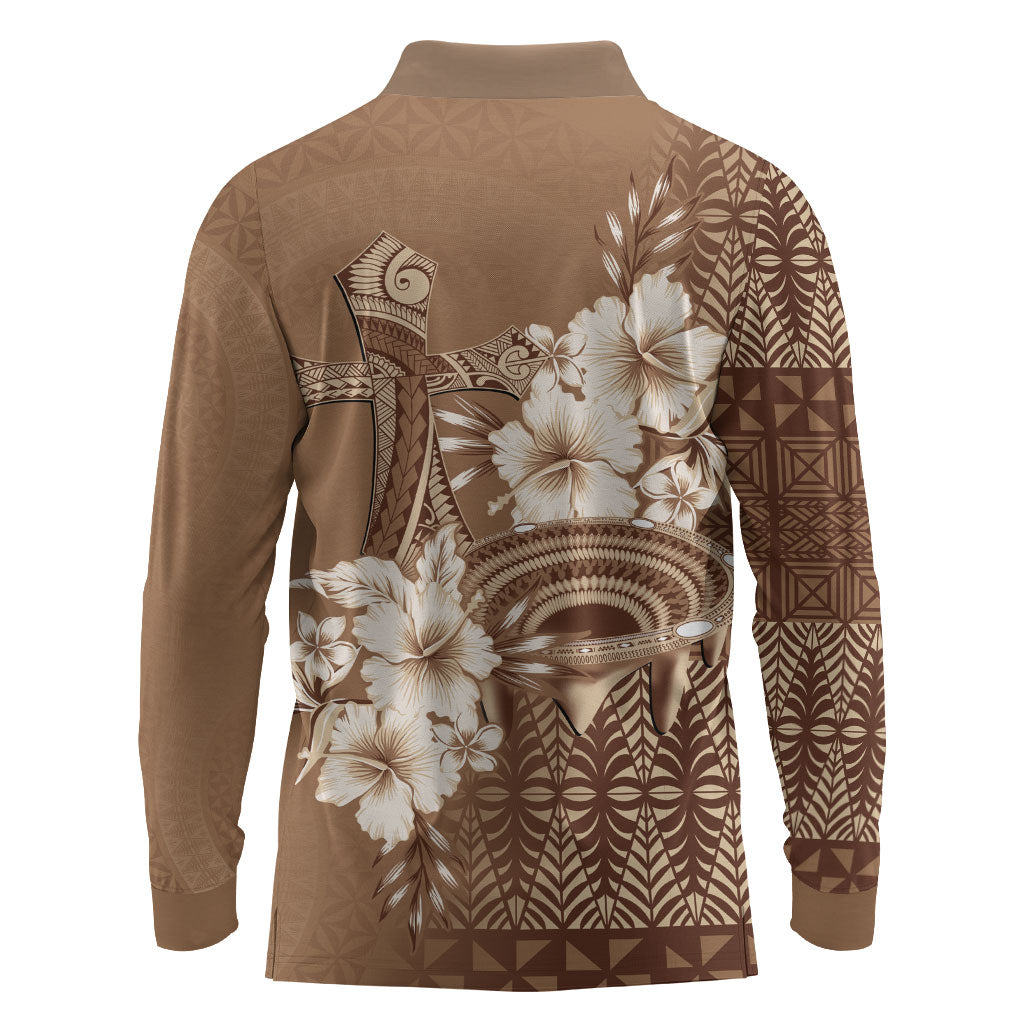 Tonga Ngatu Kupesi Brown Tapa Long Sleeve Polo Shirt Koe Otua Mo Tonga Ko Hoku Tofia LT7 - Polynesian Pride
