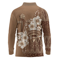 Tonga Ngatu Kupesi Brown Tapa Long Sleeve Polo Shirt Koe Otua Mo Tonga Ko Hoku Tofia LT7 - Polynesian Pride