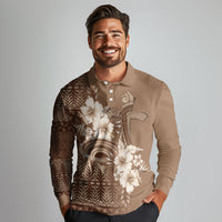 Tonga Ngatu Kupesi Brown Tapa Long Sleeve Polo Shirt Koe Otua Mo Tonga Ko Hoku Tofia LT7 - Polynesian Pride