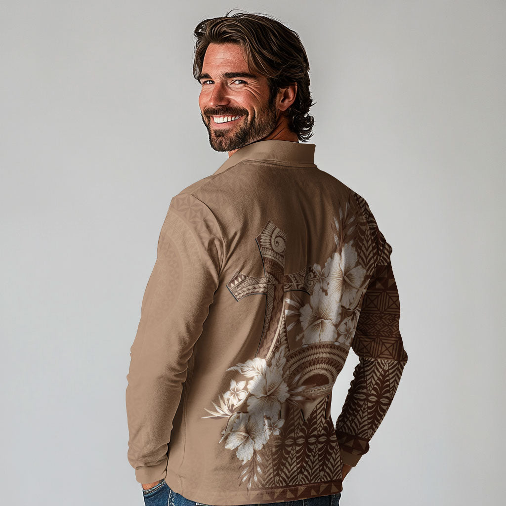 Tonga Ngatu Kupesi Brown Tapa Long Sleeve Polo Shirt Koe Otua Mo Tonga Ko Hoku Tofia LT7 - Polynesian Pride