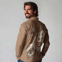 Tonga Ngatu Kupesi Brown Tapa Long Sleeve Polo Shirt Koe Otua Mo Tonga Ko Hoku Tofia LT7 - Polynesian Pride