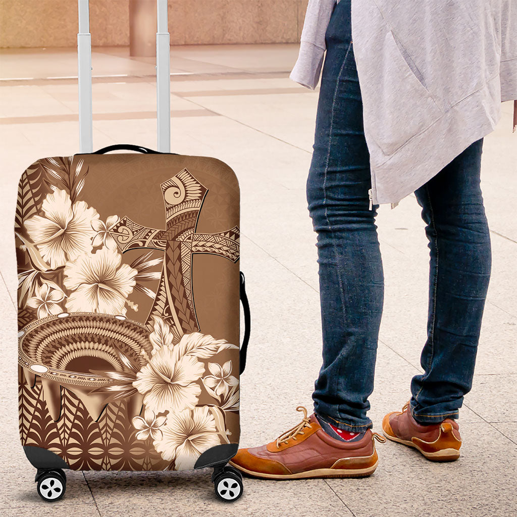 Tonga Ngatu Kupesi Brown Tapa Luggage Cover Koe Otua Mo Tonga Ko Hoku Tofia LT7 Mocha - Polynesian Pride