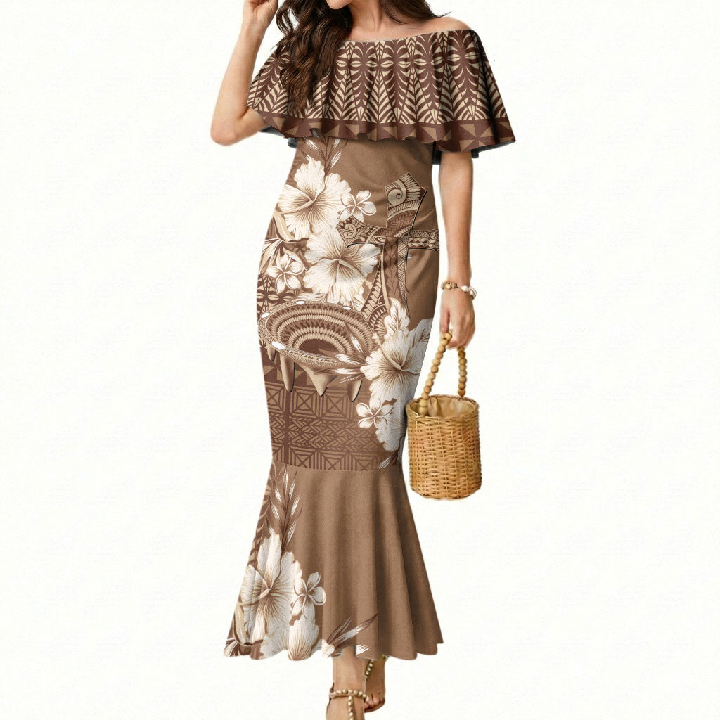 Tonga Ngatu Kupesi Brown Tapa Mermaid Dress Koe Otua Mo Tonga Ko Hoku Tofia LT7 Women Mocha - Polynesian Pride
