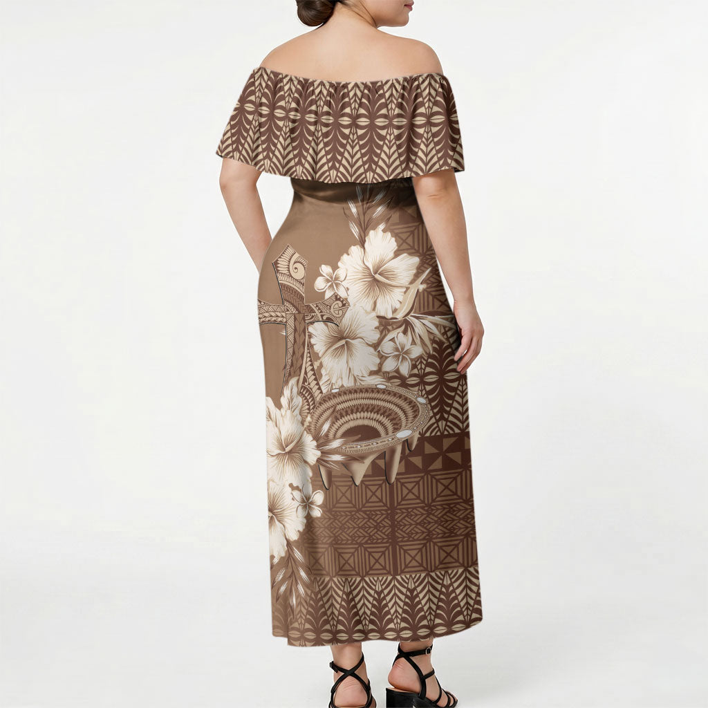 Tonga Ngatu Kupesi Brown Tapa Off Shoulder Maxi Dress Koe Otua Mo Tonga Ko Hoku Tofia LT7 - Polynesian Pride
