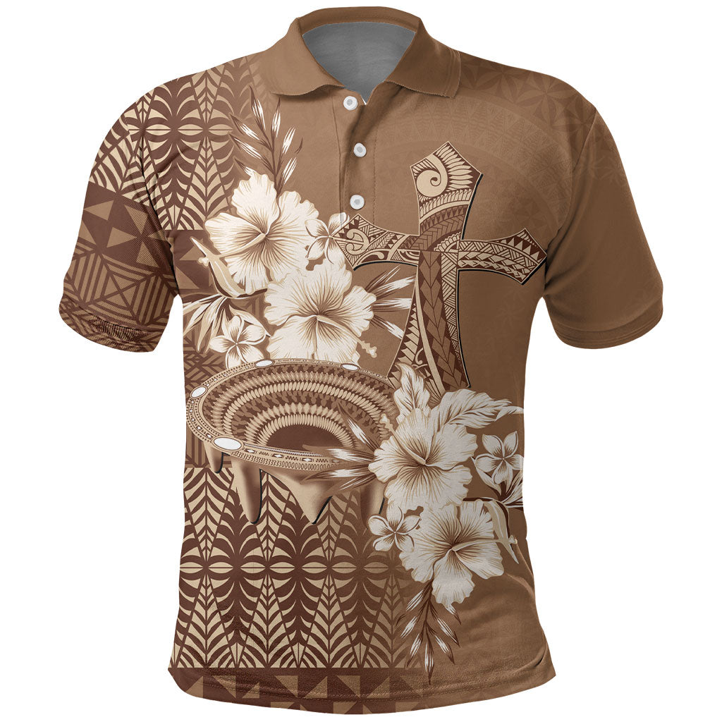 Tonga Ngatu Kupesi Brown Tapa Polo Shirt Koe Otua Mo Tonga Ko Hoku Tofia