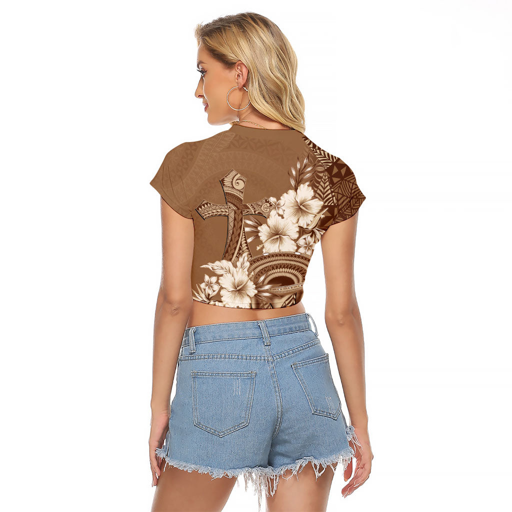 Tonga Ngatu Kupesi Brown Tapa Raglan Cropped T Shirt Koe Otua Mo Tonga Ko Hoku Tofia