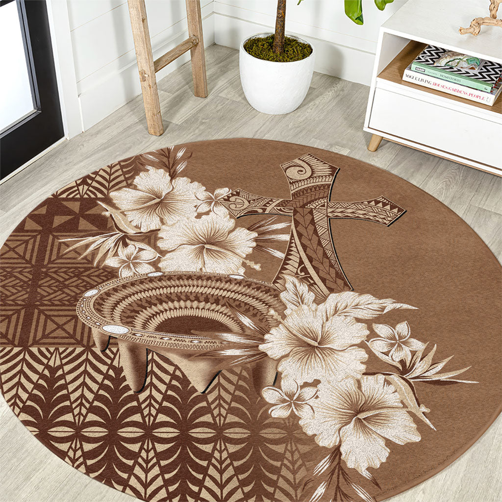 Tonga Ngatu Kupesi Brown Tapa Round Carpet Koe Otua Mo Tonga Ko Hoku Tofia LT7 Mocha - Polynesian Pride